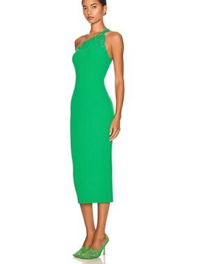 Self-Portrait Bright Green One-Shoulder Ribbed-Knit Midi Dress